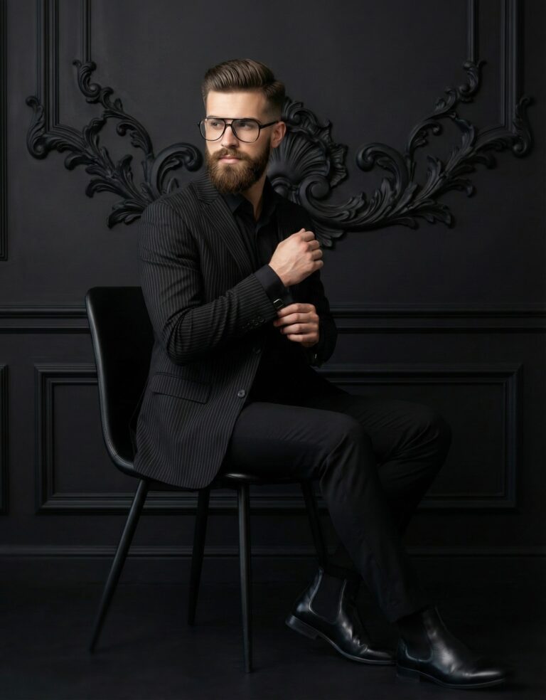 Gemini Generated Image: A bearded man wearing a black pinstripe suit, black shirt, and glasses is sitting on a black chair against a black, ornate wall.