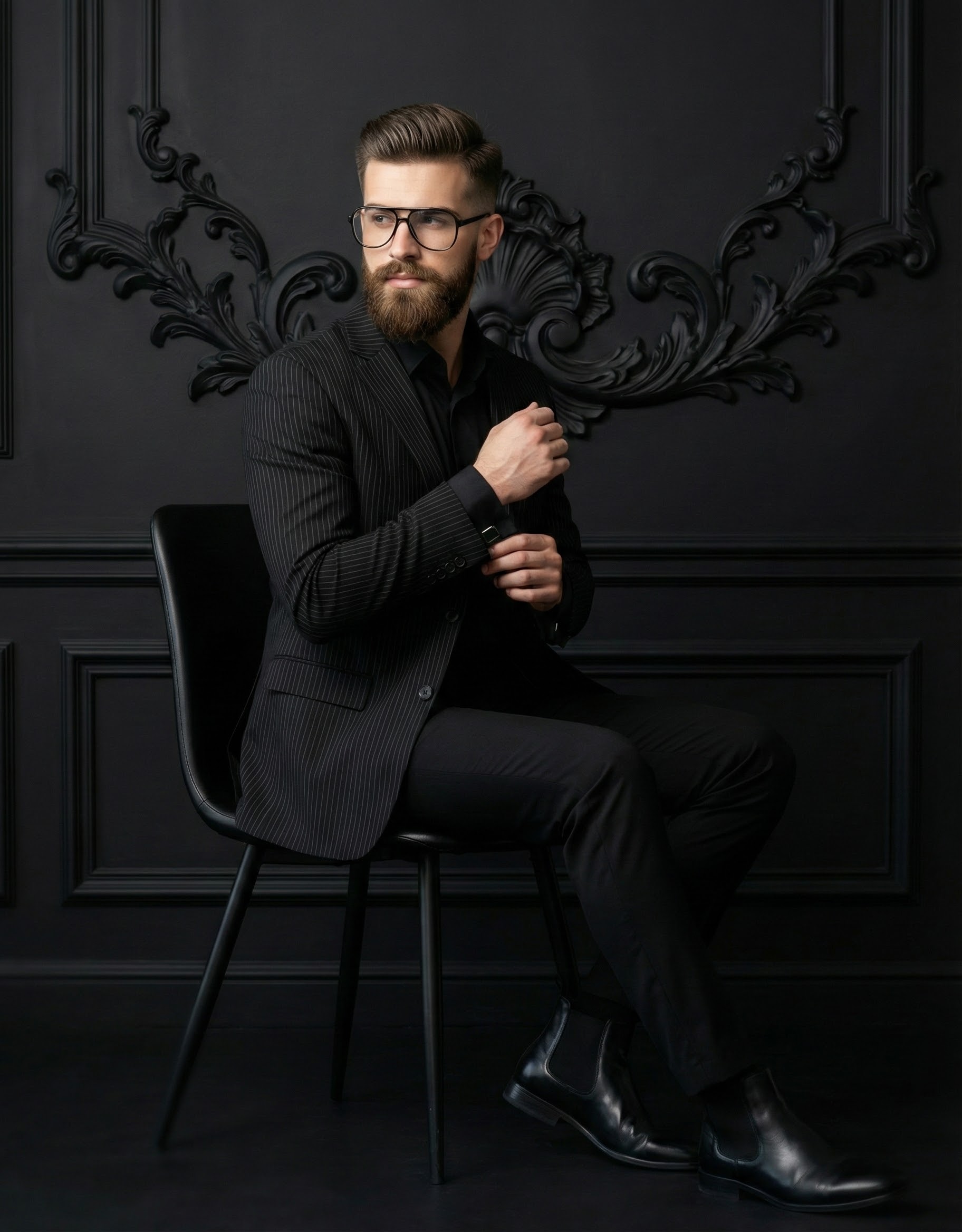 Gemini Generated Image: A bearded man wearing a black pinstripe suit, black shirt, and glasses is sitting on a black chair against a black, ornate wall.