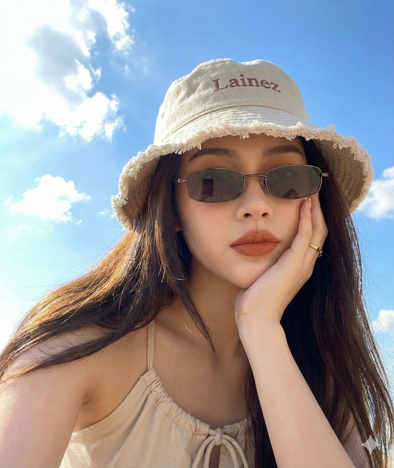 Gemini AI Generated Image: A portrait photograph captures a young woman outdoors, posing with her hand resting against her cheek, wearing dark, rectangular sunglasses. She wears a light-colored spaghetti-strap top with a drawstring detail and a beige, frayed bucket hat embroidered with the word "Lainez" in brown thread. Her long, dark brown hair falls around her shoulders, catching the sunlight. A small gold ring adorns the ring finger of her left hand. Her lips are painted with a warm terracotta lipstick, and her expression is neutral, gaze directed towards the camera. The background shows a clear, bright blue sky with scattered white, fluffy clouds, suggesting a sunny day. The lighting is bright and natural, highlighting the textures of her clothing and hat.