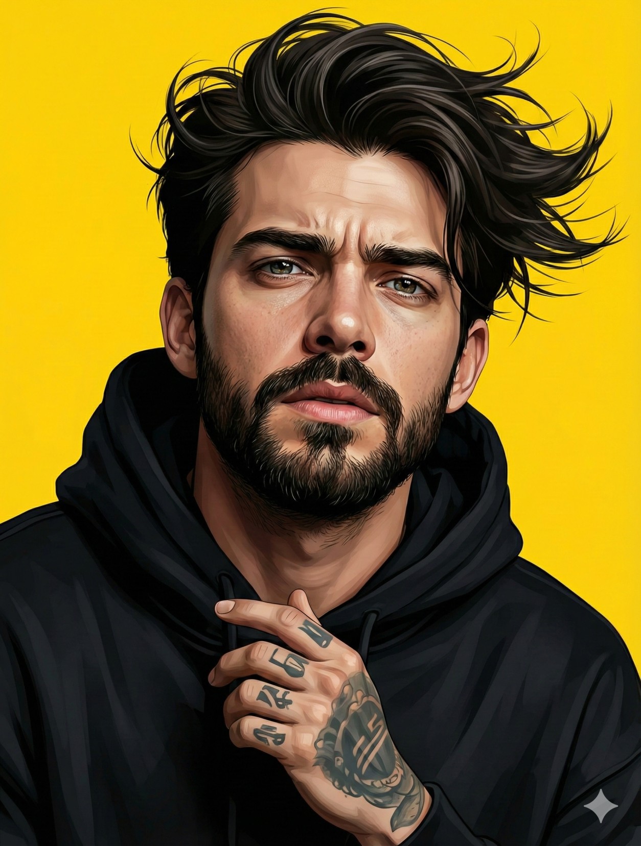 Gemini AI Generated Image: a close-up portrait of a young man with a rugged appearance, set against a vibrant, solid yellow background. He possesses voluminous, windswept dark hair and a well-groomed beard, framing a face characterized by intense hazel eyes and a slightly furrowed brow that conveys a serious or contemplative mood. Clad in a simple black hoodie that contrasts sharply with the background, he holds one hand near his neck, showcasing intricate tattoos on his fingers and the back of his hand. The art style blends realism with illustrative graphics, utilizing sharp lines and high-contrast shading to create a bold, modern aesthetic.