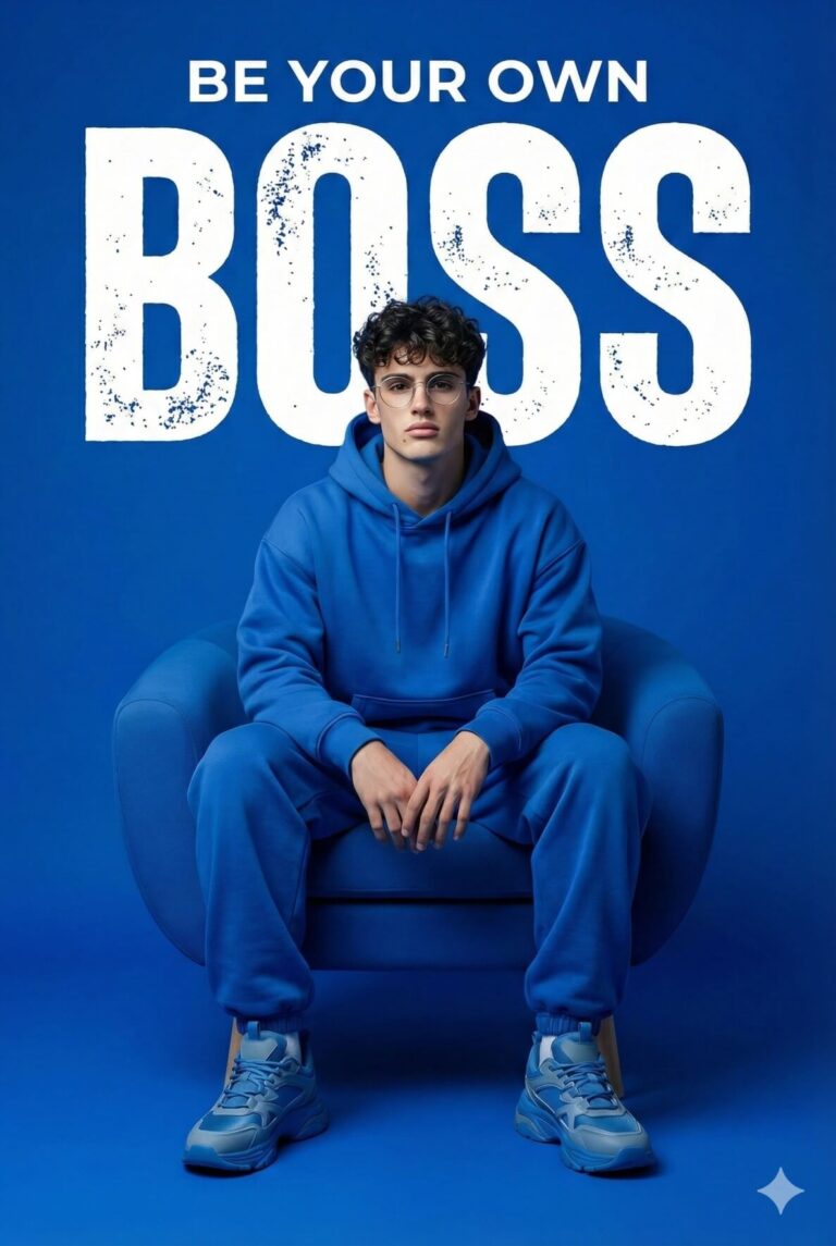 Gemini Ai Generated Image: a young man with dark curly hair and glasses sitting confidently in a blue armchair. He is wearing a completely monochromatic blue outfit, including a hoodie, sweatpants, and sneakers, set against a matching blue background. Behind him, large, white, distressed text reads "BE YOUR OWN BOSS," creating a bold contrast against the blue theme. The subject leans forward slightly with his hands resting between his legs, looking directly at the viewer with a serious expression.
