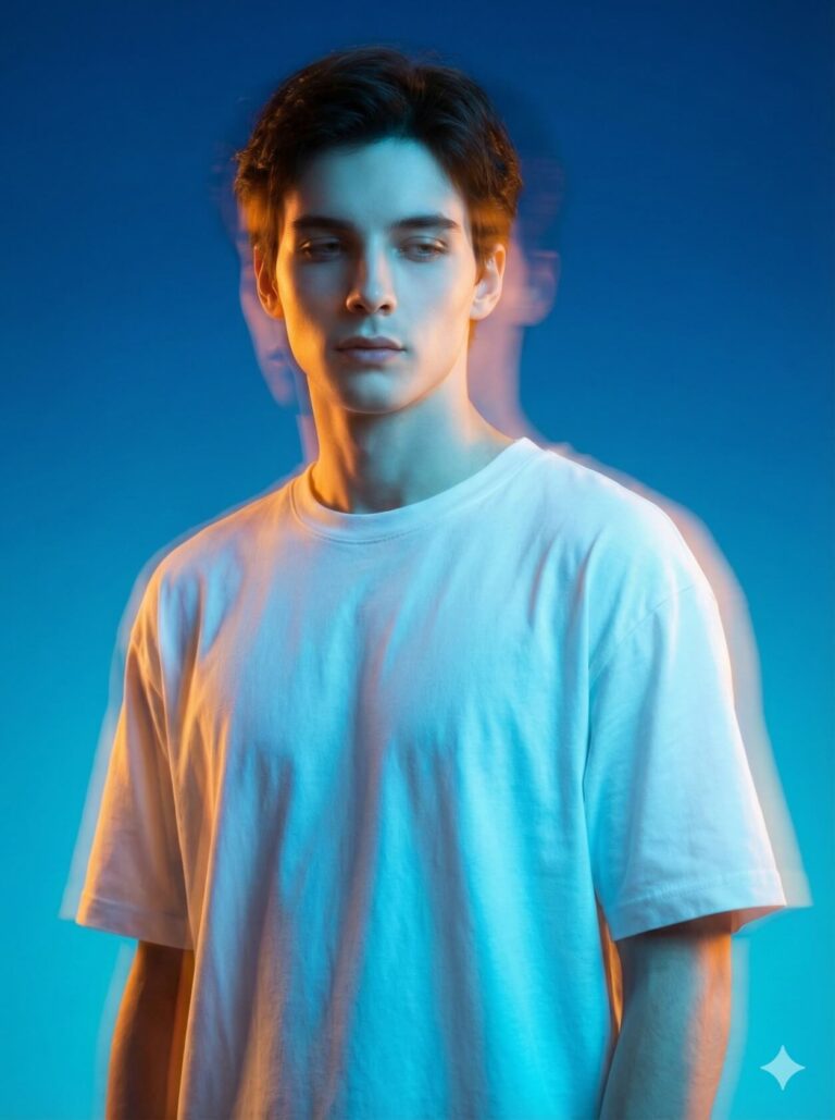 Gemini AI Generated Image: a young man with dark hair wearing a white t-shirt against a blue background, featuring a double exposure or motion blur effect that creates an orange-tinted, ghostly duplicate of his face and body slightly offset to his right. The lighting is dramatic, with strong blue and orange tones highlighting the subject and the blurred effect.