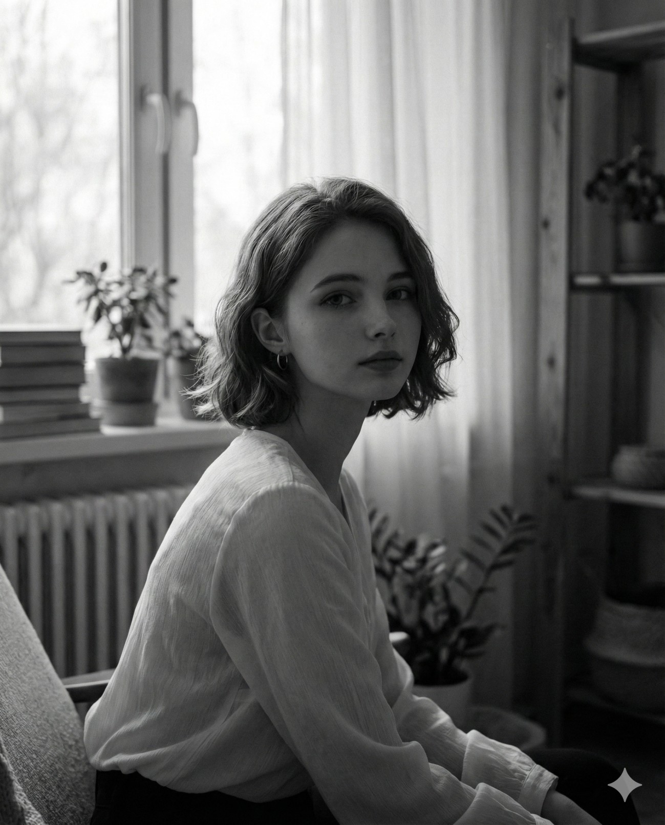 Gemini AI Generated Image: A serene black and white portrait of a young woman seated by a window, bathed in soft natural light with a contemplative expression.