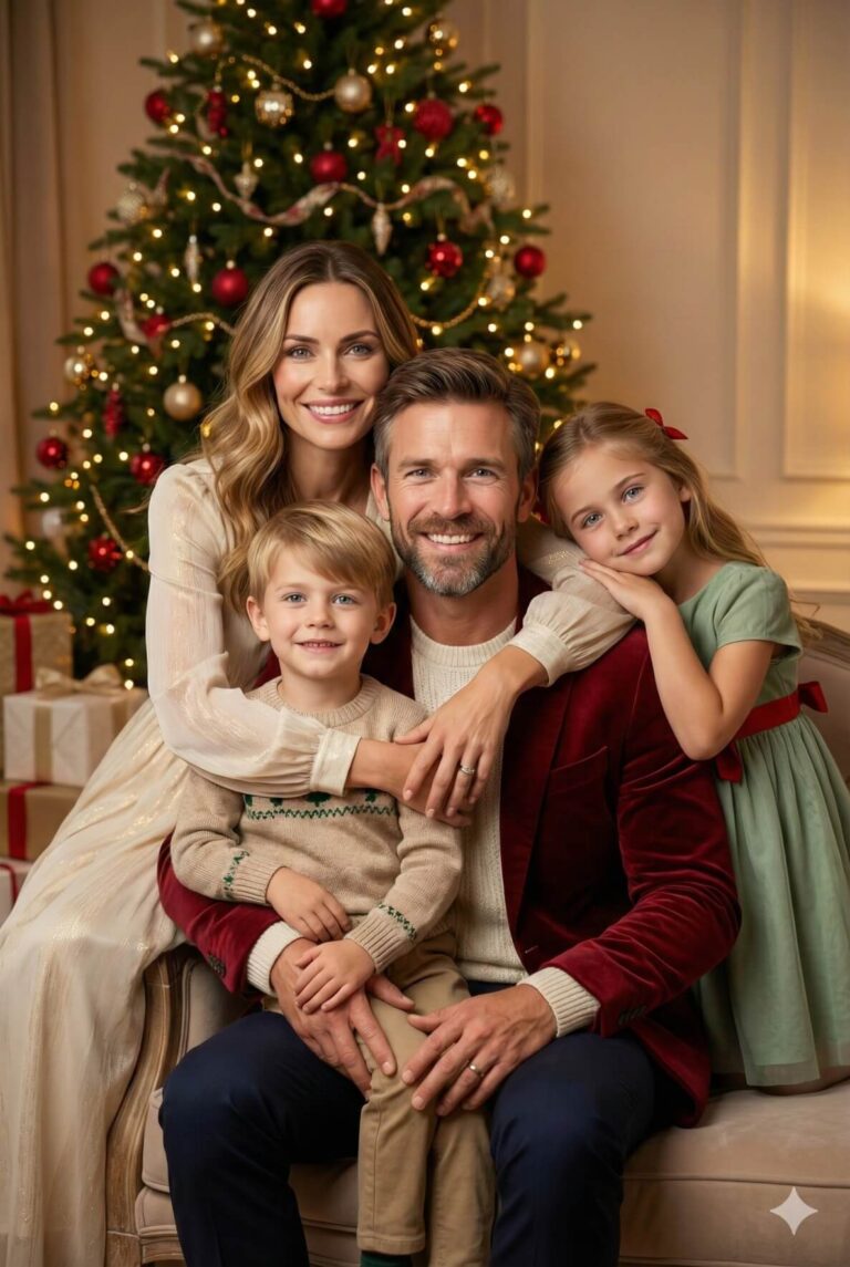Gemini AI Generated Image: a heartwarming holiday portrait of a smiling family of four. The mother and father are seated with their two young children—a boy sitting on their laps and a girl leaning affectionately on the father's shoulder. They are dressed in festive attire, featuring a red velvet blazer, a green dress, and cozy sweaters. Behind them stands a beautifully decorated Christmas tree with glowing lights and red ornaments, surrounded by wrapped gifts, creating a cozy and celebratory atmosphere.