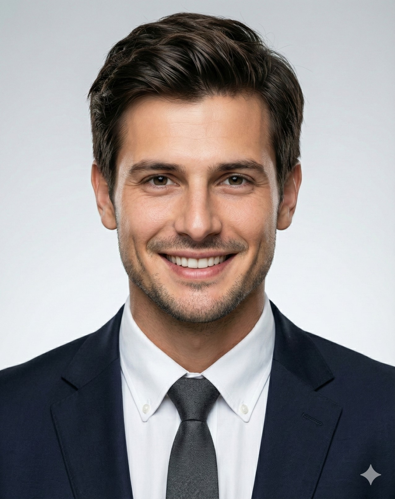 Gemini AI Generated: a professional, high-quality headshot of a young man with a warm and approachable expression. He has short, neatly styled dark brown hair and a well-groomed short beard. The subject is dressed in formal business attire, wearing a dark charcoal gray suit jacket, a crisp white dress shirt, and a solid navy blue tie. He faces the camera directly with a bright smile, set against a plain, light gray background that emphasizes a clean, corporate aesthetic suitable for a profile picture or résumé.