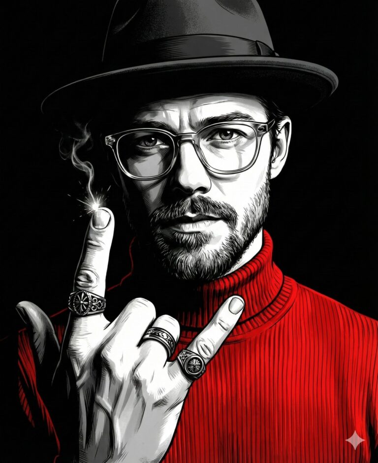 Gemini Generated Image: a black, white, and red illustration of a man wearing a fedora and glasses with a beard, a red turtleneck sweater, and rings on his fingers. He is holding up his index finger, which has a small spark and smoke rising from the tip.