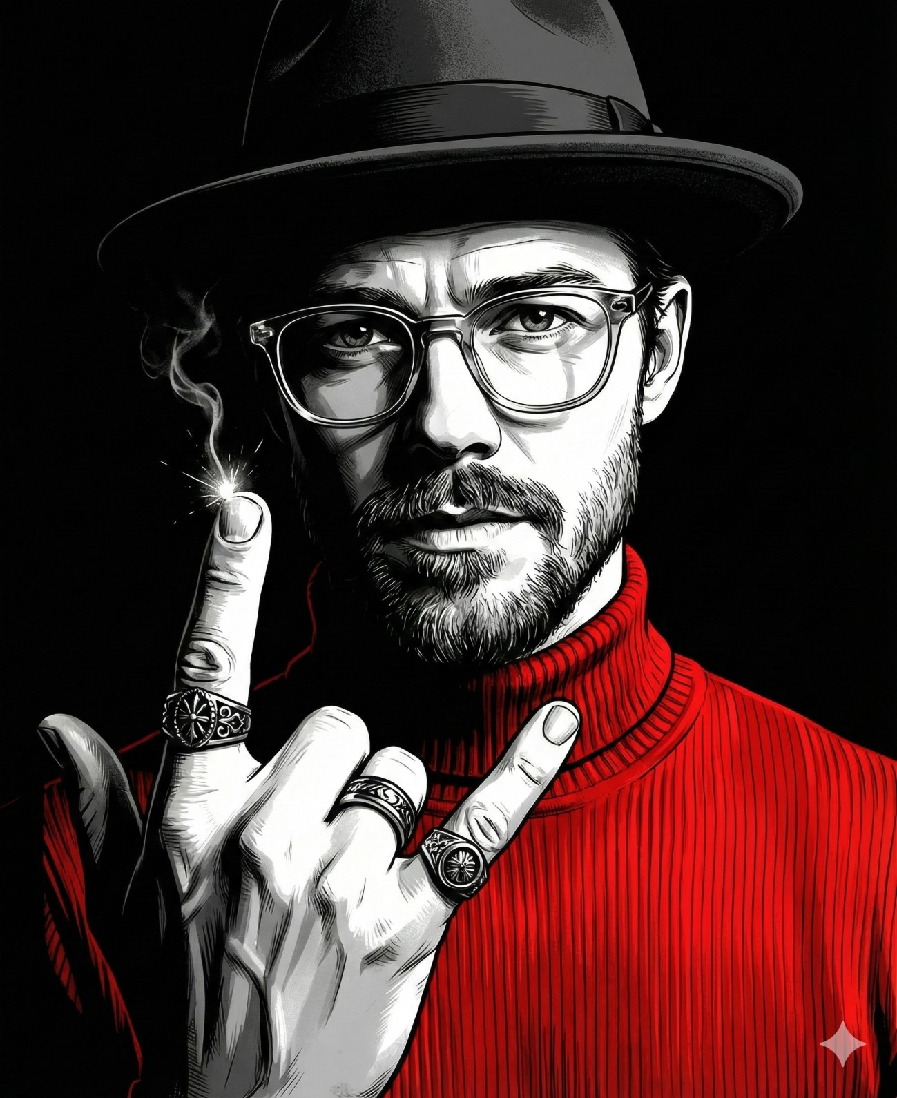 Gemini Generated Image: a black, white, and red illustration of a man wearing a fedora and glasses with a beard, a red turtleneck sweater, and rings on his fingers. He is holding up his index finger, which has a small spark and smoke rising from the tip.