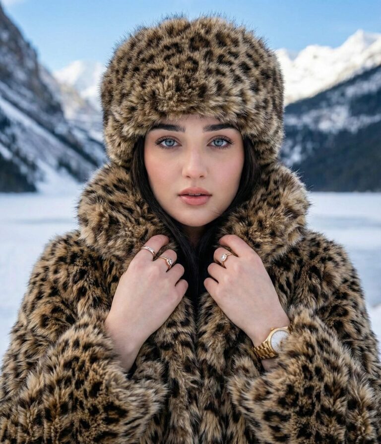 Gemini Generated Image: A young woman with striking blue eyes is wearing a leopard print faux fur hat and coat outdoors. The background is a snowy, winter landscape with mountains and what looks like a frozen lake or field. She is also wearing a gold wristwatch and rings.