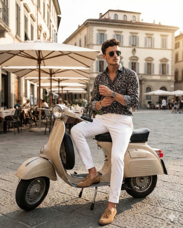 Gemini Generated Image: A stylish man in a floral shirt and white trousers is sitting on a tan scooter in a European piazza.