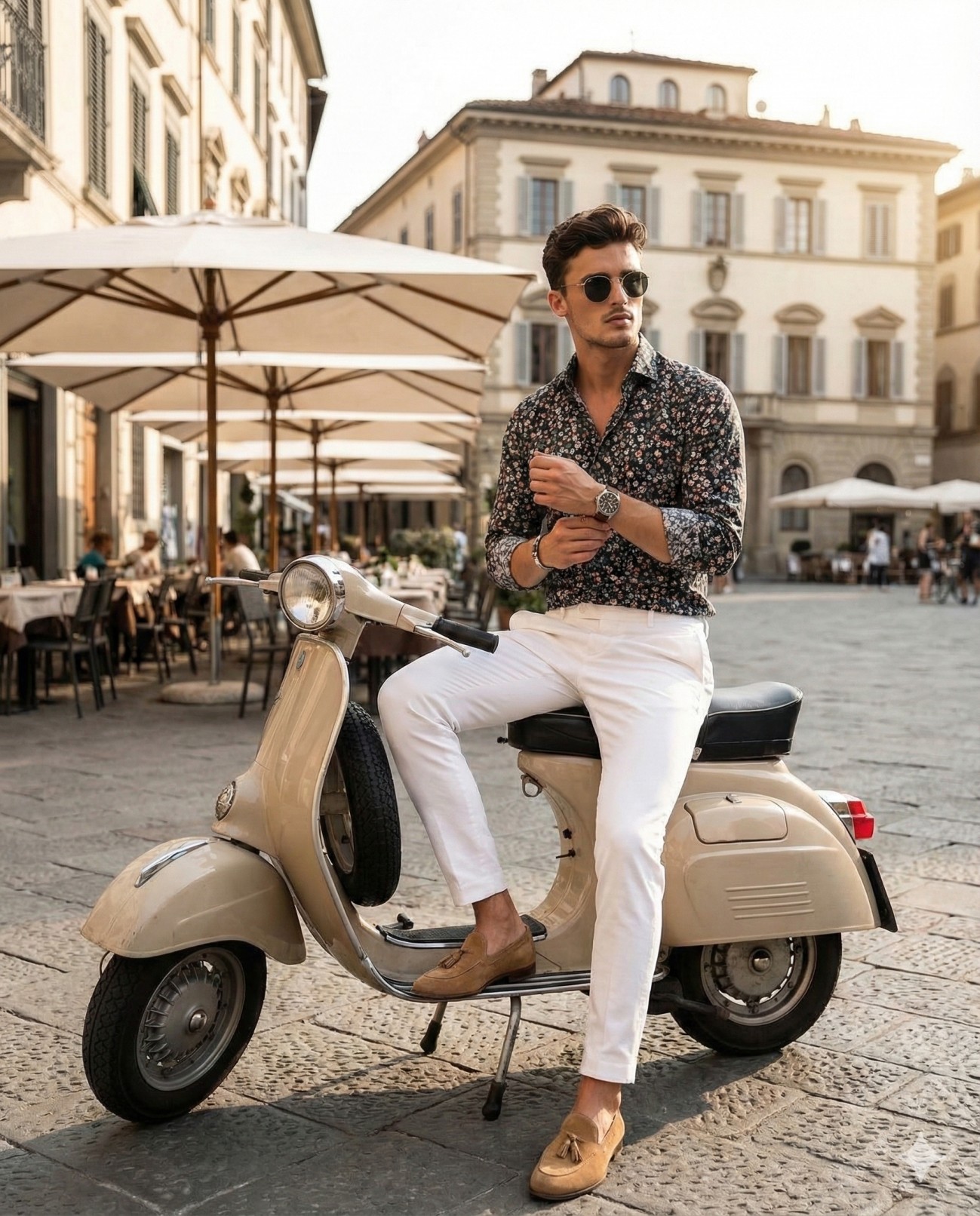 Gemini Generated Image: A stylish man in a floral shirt and white trousers is sitting on a tan scooter in a European piazza.