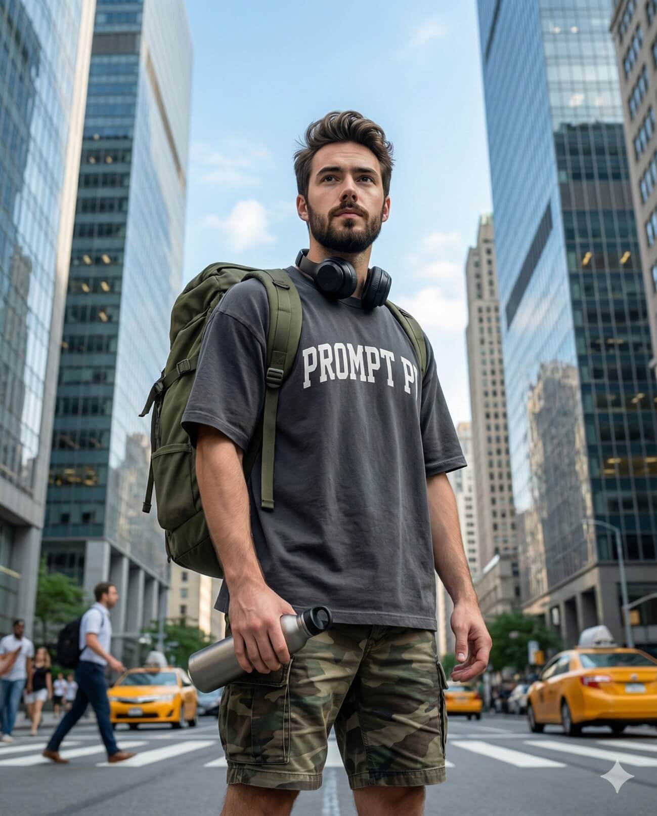 Gemini AI Generated Image: A realistic medium shot of a young man standing in the middle of a busy city street surrounded by tall glass skyscrapers. He has short brown hair and a beard, and is wearing a dark grey oversized t-shirt with white text reading "PROMPT P", camouflage cargo shorts, and a large olive green backpack. He has black headphones resting around his neck and holds a silver water bottle in his right hand. The background features blurred pedestrians, a crosswalk, and yellow taxi cabs, suggesting a setting like New York City.