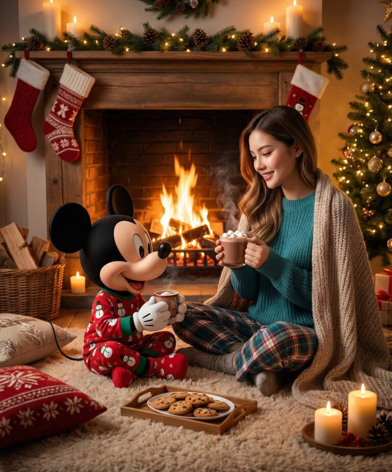 Gemini Generated Image: A woman and a Mickey Mouse character in Christmas pajamas are sitting by a cozy fireplace. They are drinking hot chocolate with marshmallows and there are cookies nearby. The scene is decorated with Christmas stockings, garland, lights, and a tree.