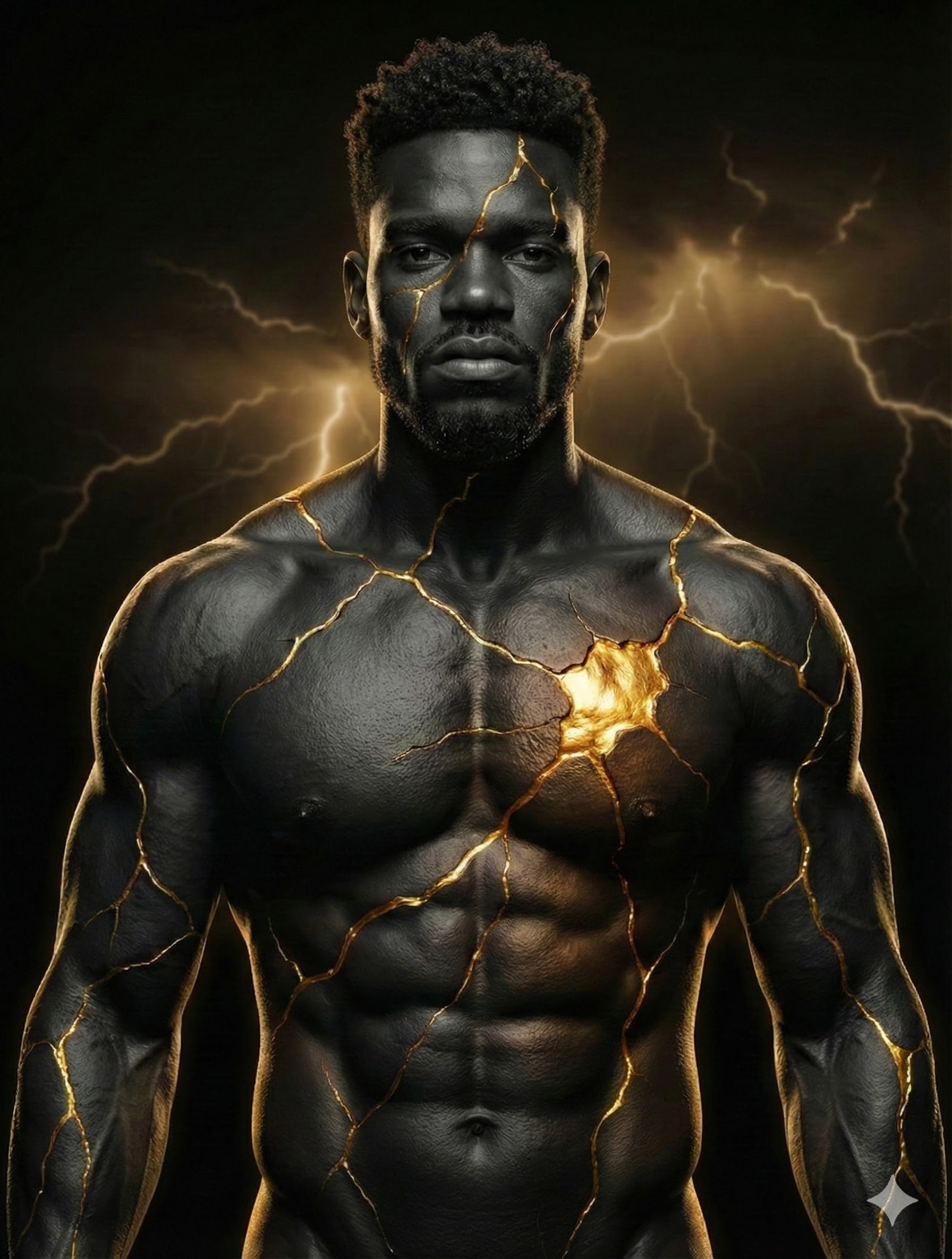 Gemini AI Generated Image: a striking, hyper-realistic portrait of a muscular Black man whose skin possesses the texture of polished obsidian or dark stone. He appears to embody the concept of Kintsugi, with glowing golden veins and fissures running across his face, torso, and arms, suggesting resilience and strength through repair. A brilliant, molten epicenter of light radiates from his left pectoral region, resembling a glowing golden heart from which the cracks extend outward. The background is dark and atmospheric, illuminated by jagged streaks of golden lightning that mirror the fracture lines on his body, creating a mood of intense power, mythic energy, and dramatic contrast.