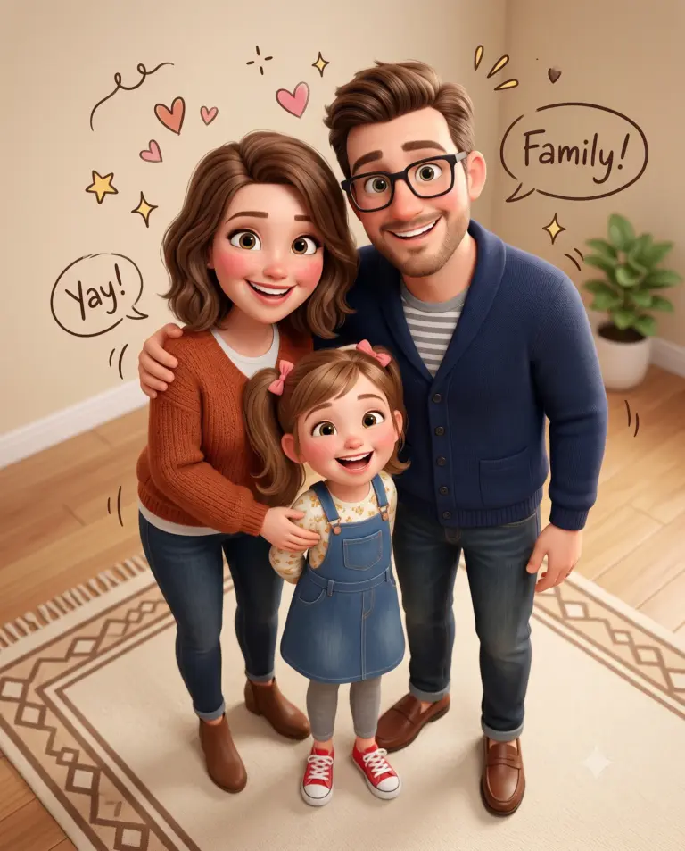 Happy 3D Cartoon Family AI Photo Editing Prompt. AI generated digital illustration of a smiling mother, father, and little girl standing together with cute doodle accents and speech bubbles.