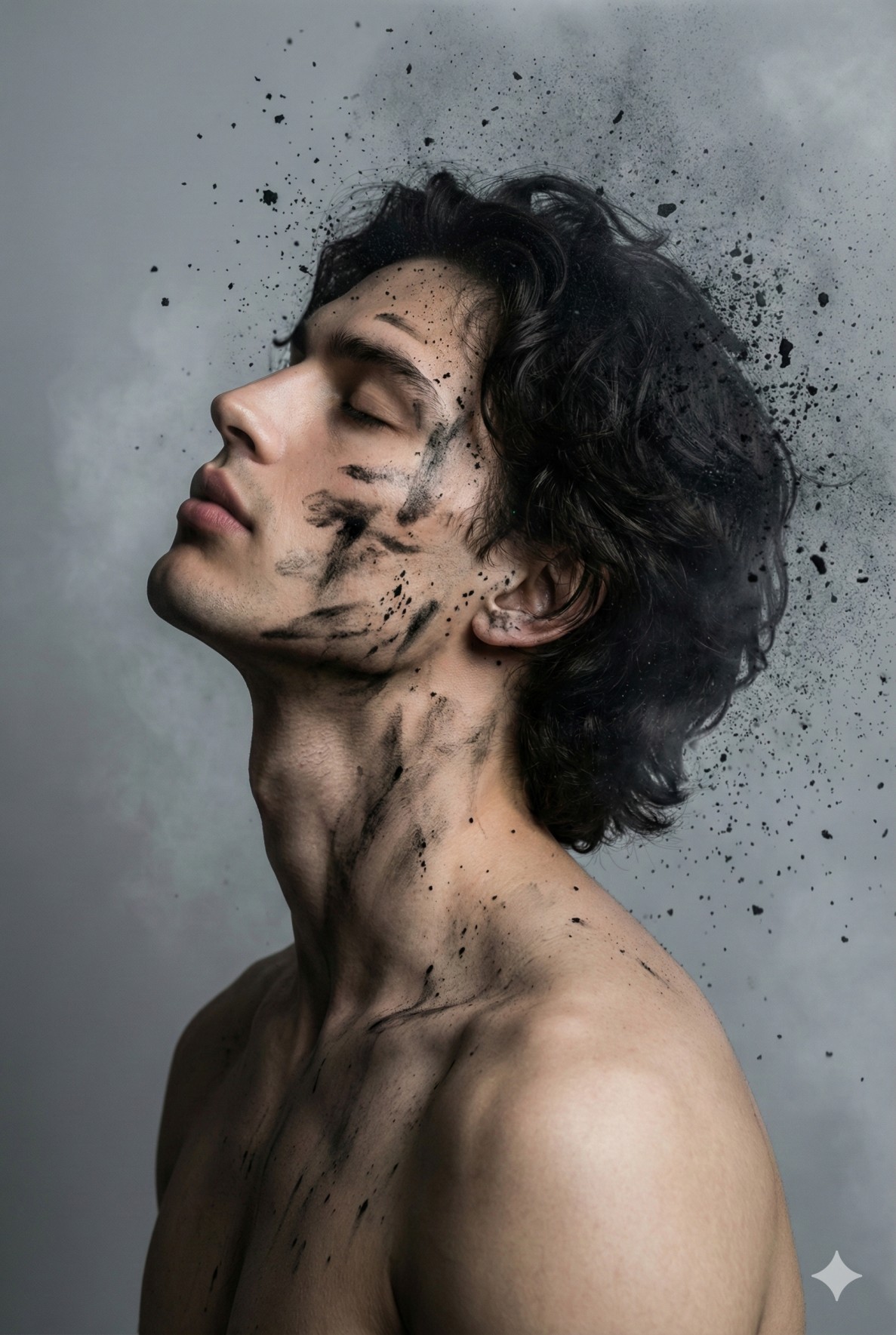 Gemini AI Generated Profile Picture of a man with eyes closed, his face and hair disintegrating into floating black ash particles.