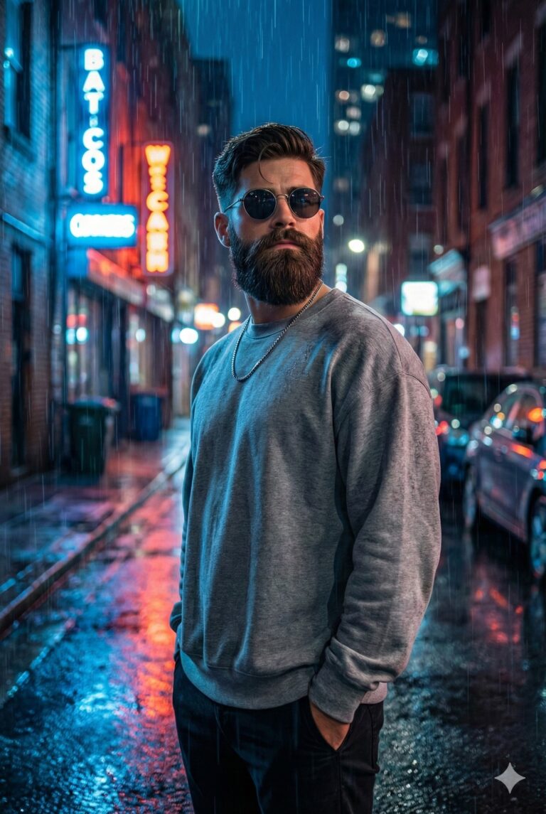 Gemini AI Generated Image of a Bearded man in sunglasses and a grey sweatshirt standing on a rainy, neon-lit city street.
