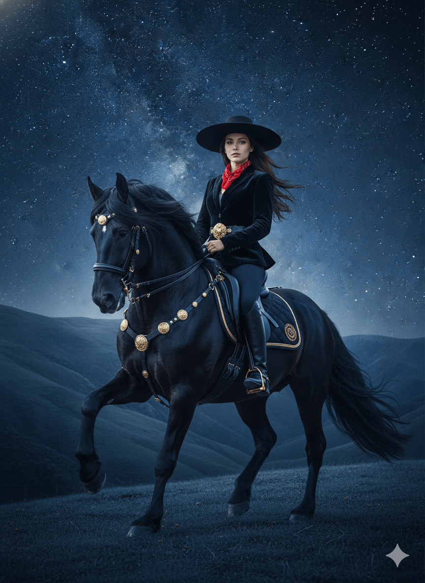 Gemini AI Generated Image: A woman with long dark hair, wearing a black flat-brimmed hat, a black velvet blazer over a red neckerchief, and black riding boots, sits atop a majestic black horse. The horse is adorned with ornate gold-studded tack and is captured in mid-stride on a grassy hilltop. Behind them, a dark, rolling mountain landscape unfolds under a vibrant night sky filled with the glowing stars of the Milky Way.