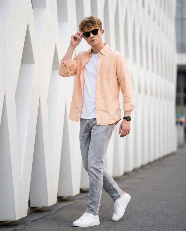 Gemini AI Generated Image: A stylish young man with wavy blonde hair poses outdoors in front of a modern white wall with a geometric zigzag pattern. He is walking casually while adjusting his black sunglasses with his right hand. He wears an unbuttoned peach-colored shirt over a white t-shirt, light grey jeans, white sneakers, and a black wristwatch.