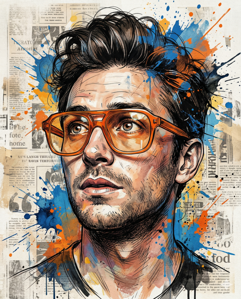 AI generated mixed media digital illustration of a man with messy hair and orange-framed glasses looking upward against a background of newspaper clippings and vibrant paint splashes.