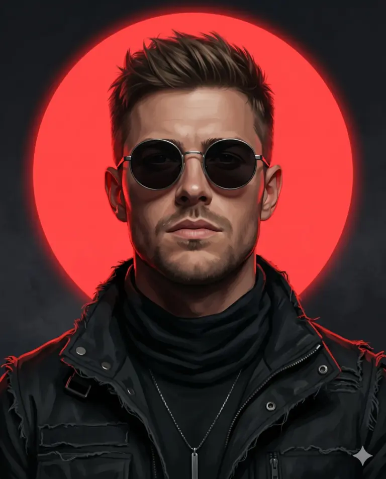 Man in Black Tactical Jacket and Red Halo AI Photo Editing Prompt. AI generated digital illustration of a man with round sunglasses and a black distressed jacket standing against a glowing red neon circle.