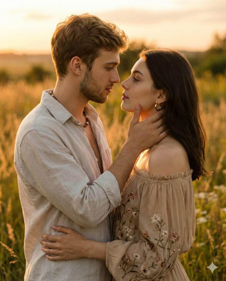Gemini AI Generated Image: a romantic moment between a young couple standing close together in a field of tall grass at sunset. Bathed in warm, golden light, they gaze intensely into each other's eyes as the man gently cups the woman's face with his hand. Their casual, earth-toned clothing and intimate posture create a peaceful and affectionate atmosphere.