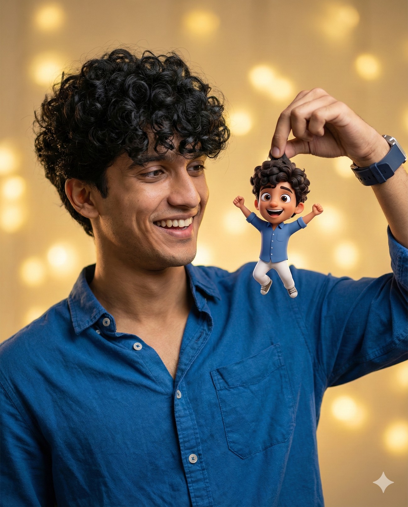 Gemini AI Generated photorealistic portrait captures a playful moment where a young man interacts with a stylized, miniature 3D version of himself. The man, featuring curly dark hair and wearing a textured blue button-down shirt, smiles warmly while holding the tiny animated character by its hair. The miniature figure, rendered in a cute, wide-eyed animation style, mimics the man's appearance with matching curly hair and a blue shirt but adds white trousers and a dynamic, jumping pose. The background is washed in a soft, golden bokeh, creating a festive and magical atmosphere. The lighting is professional, highlighting the realistic skin texture of the man against the smooth, rendered surface of the doll, blending the real world with digital art seamlessly.