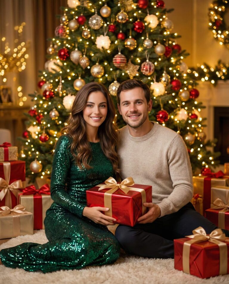Gemini AI Generated Image: A smiling couple sits on a fluffy rug in front of a large, glowing Christmas tree decorated with red and gold ornaments. The woman wears a sparkling, floor-length emerald green sequined dress, while the man wears a beige crewneck sweater and dark trousers. They are holding a red gift box with a gold ribbon together, surrounded by several other wrapped presents.