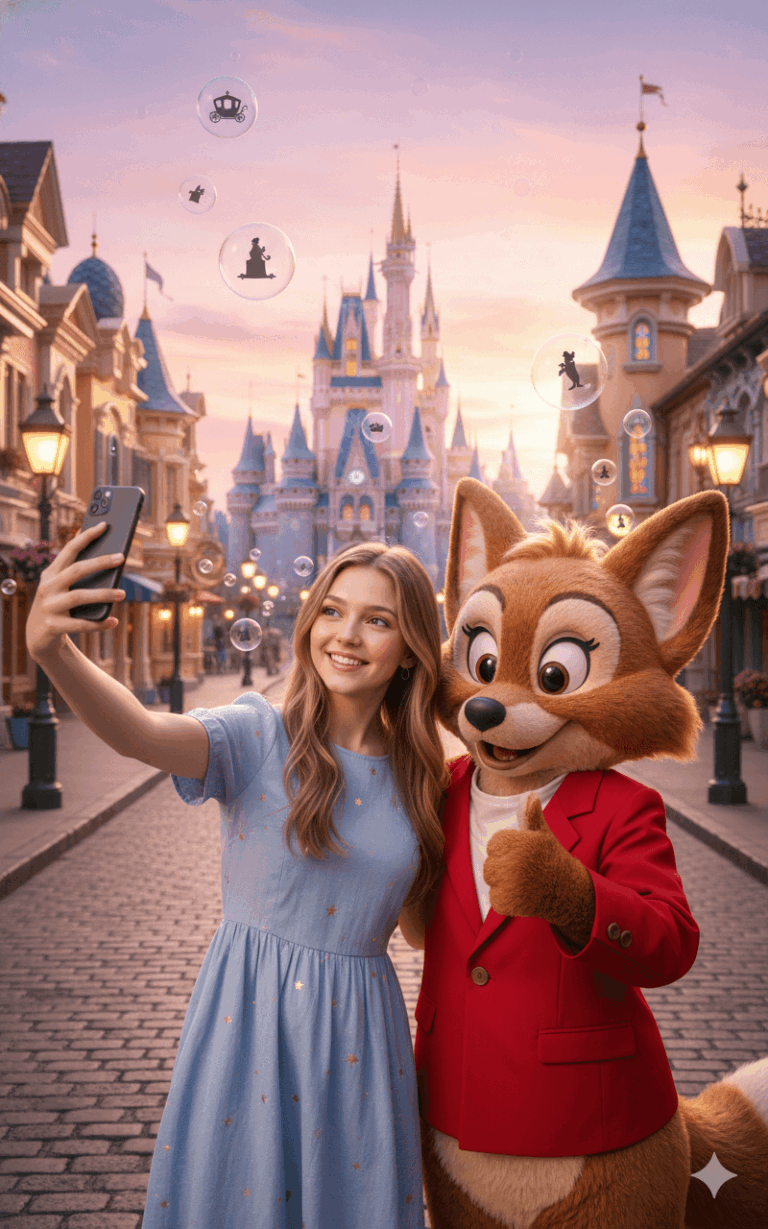 Gemini AI Generated Image: A young woman with long blonde hair and a light blue dress taking a selfie with a large, friendly fox character in a red blazer. They are standing on a cobblestone street in a magical theme park, with a tall fairytale castle in the background. The air is filled with floating bubbles containing silhouettes of a carriage and various characters, all under a soft, sunset sky.