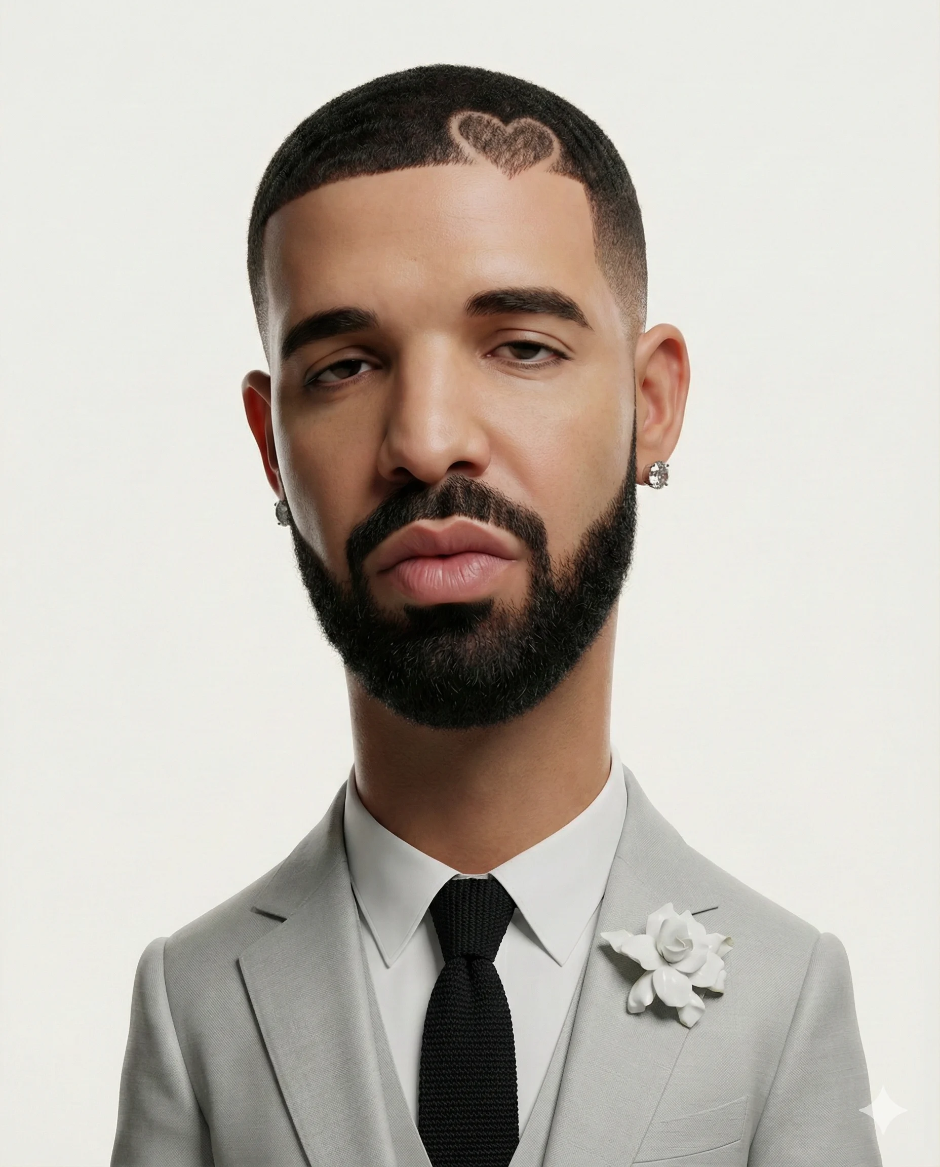 Man with in Grey Suit Digital Illustration Prompt. AI generated 3D stylized portrait of a bearded man in a grey suit and black tie with a heart-shaped hairline design.