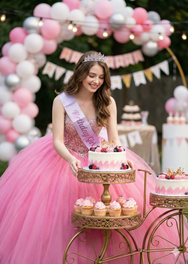 Gemini generated image: A young woman in a pink ball gown and a tiara is smiling as she sets a white birthday cake on a tiered, gold bicycle-shaped display. The setting is outdoors with pink, white, and silver balloons forming an archway behind her. She is also wearing a sash that says "Birthday Girl.