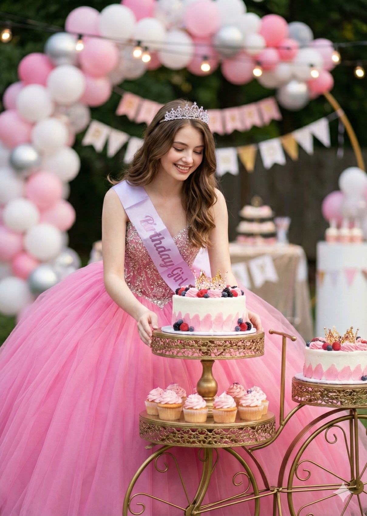 Gemini generated image: A young woman in a pink ball gown and a tiara is smiling as she sets a white birthday cake on a tiered, gold bicycle-shaped display. The setting is outdoors with pink, white, and silver balloons forming an archway behind her. She is also wearing a sash that says "Birthday Girl.