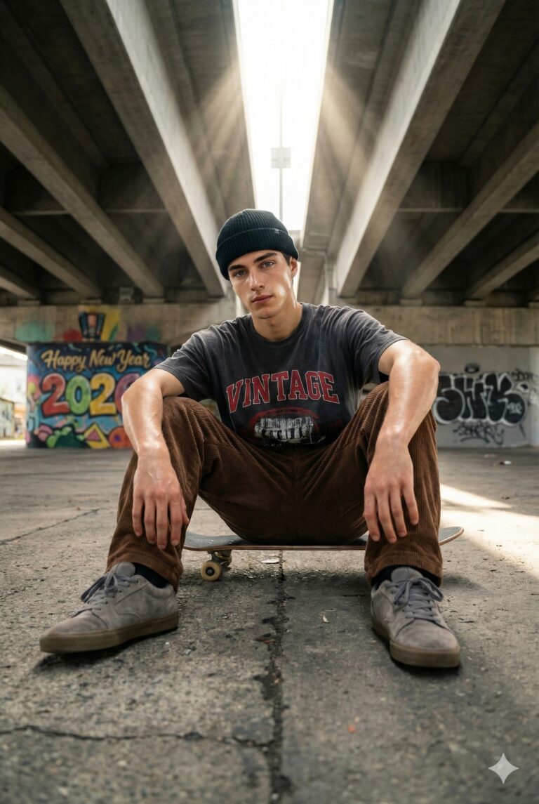 Gemini AI Generated Image: A photorealistic portrait of a young man sitting on a skateboard beneath a concrete overpass. He is wearing a black beanie, a charcoal grey t-shirt with red "VINTAGE" text, and brown corduroy trousers. Beams of sunlight stream down from the bridge structure above. Behind him, a colorful graffiti wall features the text "Happy New Year 2026."