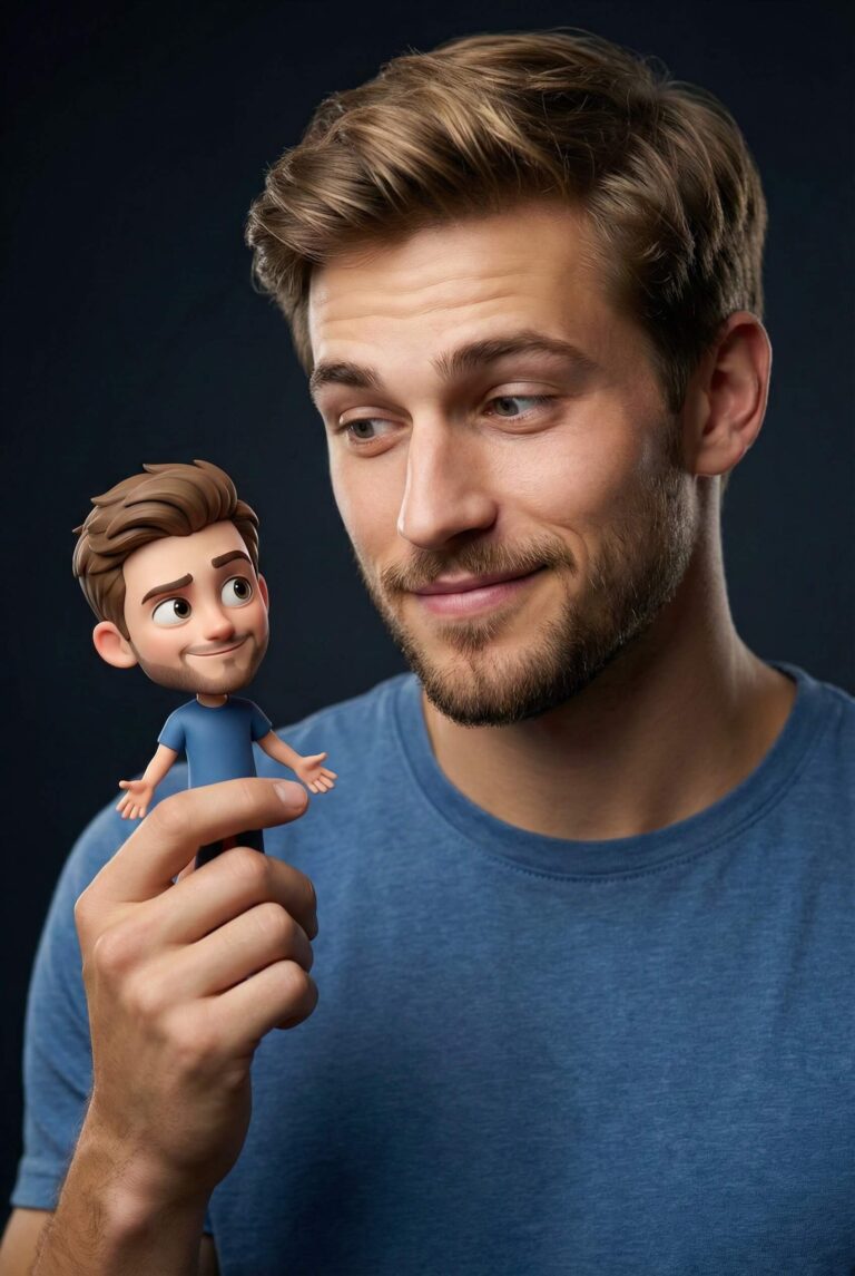 Gemini AI Generated Image: A man with short, brown hair and a light beard is holding a small, cartoon-style miniature figure of himself in his right hand. He is looking down at the miniature with a gentle smile, and the miniature is also smiling back at him. The man is wearing a blue t-shirt and is positioned against a dark, textured background. The lighting is focused on the man and the miniature, highlighting their features.