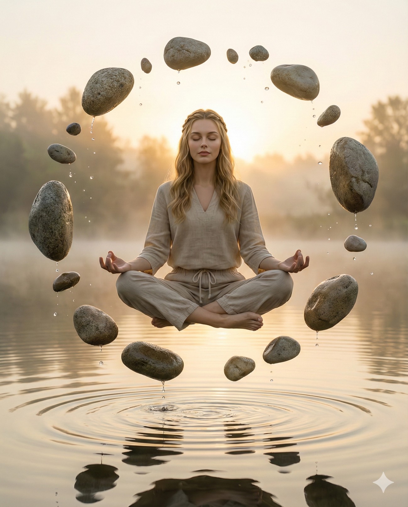 Gemini AI Generated Image: A serene woman levitates above a lake, ringed by floating stones during a misty golden sunrise.