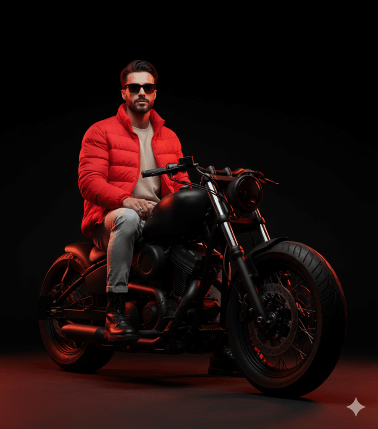 Gemini Generated Image: A man in a red puffer jacket and sunglasses is sitting on a black motorcycle against a dark background, with red light subtly illuminating the scene.