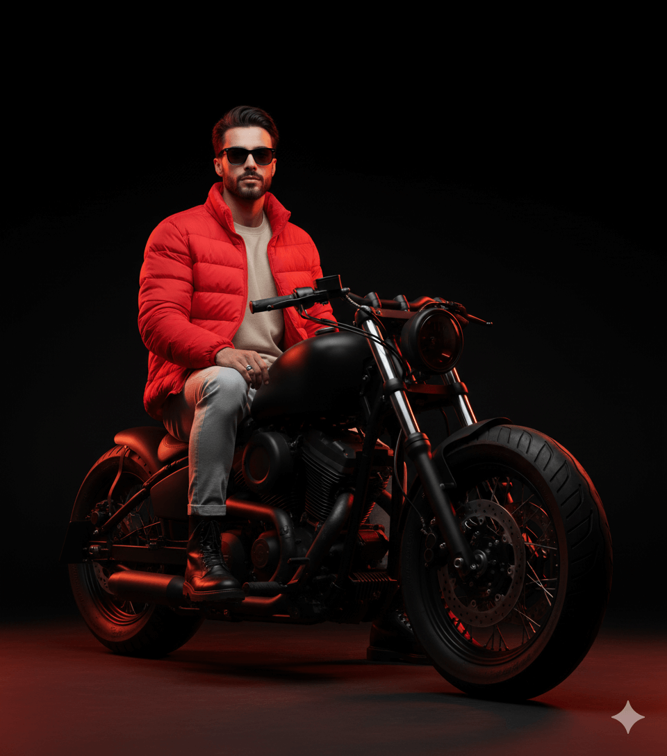 Gemini Generated Image: A man in a red puffer jacket and sunglasses is sitting on a black motorcycle against a dark background, with red light subtly illuminating the scene.