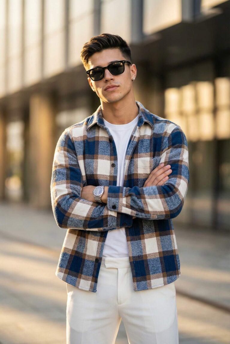 Gemini Generated Image: A young man wearing sunglasses, a white t-shirt, and an open blue, white, and brown flannel shirt is posing outdoors with his arms crossed. He is also wearing white or light-colored pants.