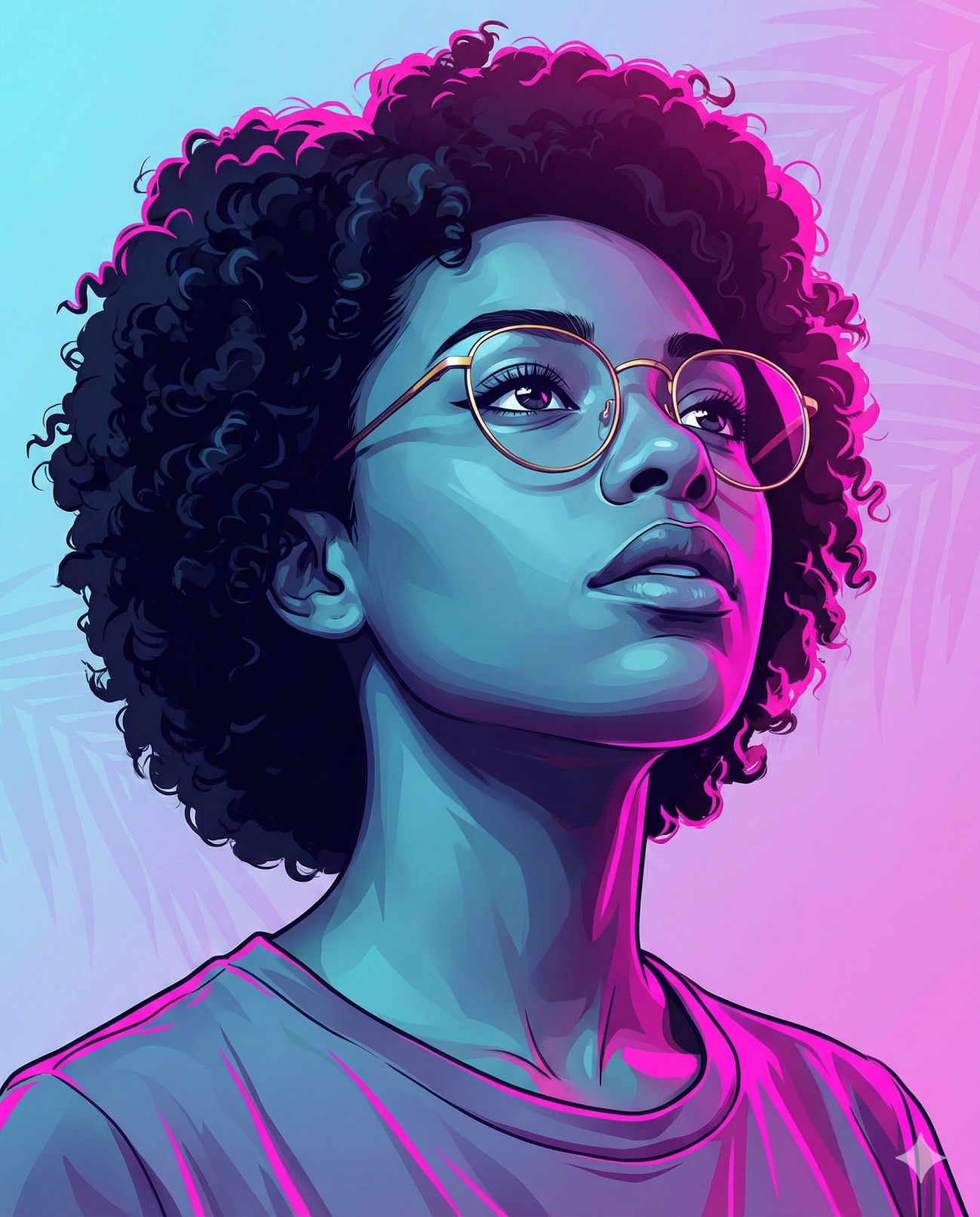 Gemini AI Generated Vibrant synthwave portrait of a woman with curly hair and gold glasses in bold pink and teal neon tones.