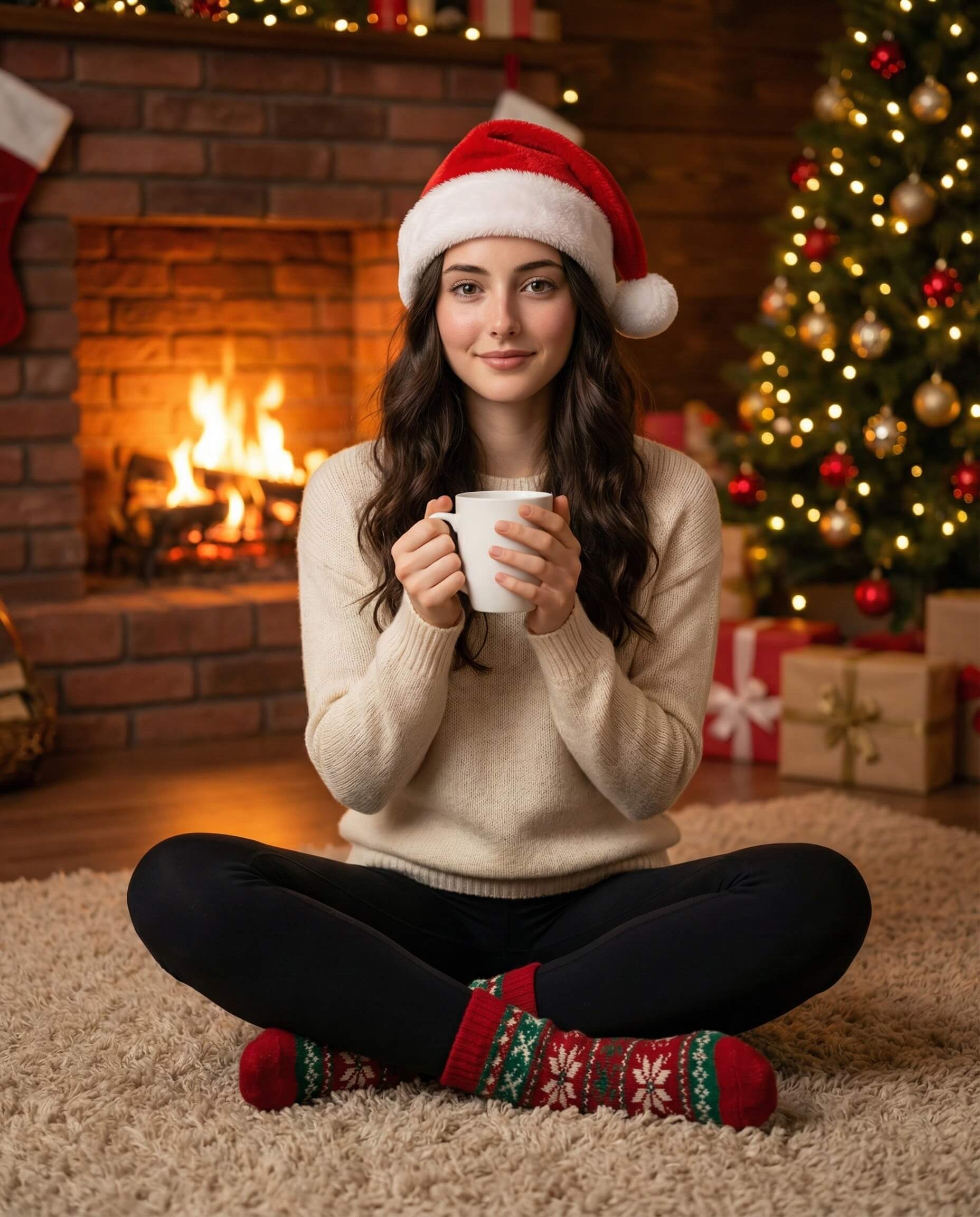 Gemini AI Generated Image: A young woman sits cross-legged on a beige rug in a cozy, holiday-decorated room. She is wearing a red Santa hat, a cream knit sweater, black leggings, and festive red and green patterned socks. She holds a white mug with both hands near her chest and smiles gently at the camera. Behind her, a fire burns in a brick fireplace, and a Christmas tree adorned with lights and ornaments stands next to wrapped gifts.