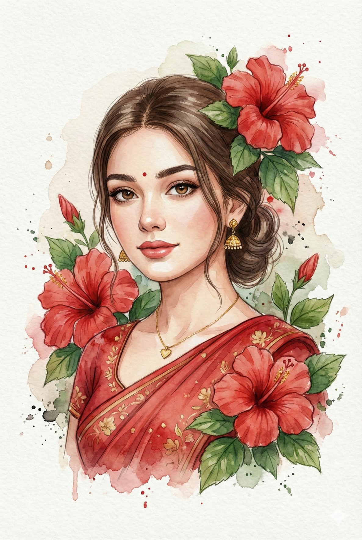 Gemini AI Generated Image: captivating watercolor portrait features a young woman radiating elegance in a traditional red saree adorned with gold motifs. Her brown hair is pulled back, accented by a large, vibrant red hibiscus flower, which mirrors the blooms framing her lower bodice. She wears gold jhumka earrings, a delicate heart necklace, and a red bindi. The illustration is set against a textured off-white background with artistic paint splatters, creating a soft, serene, and culturally rich aesthetic.