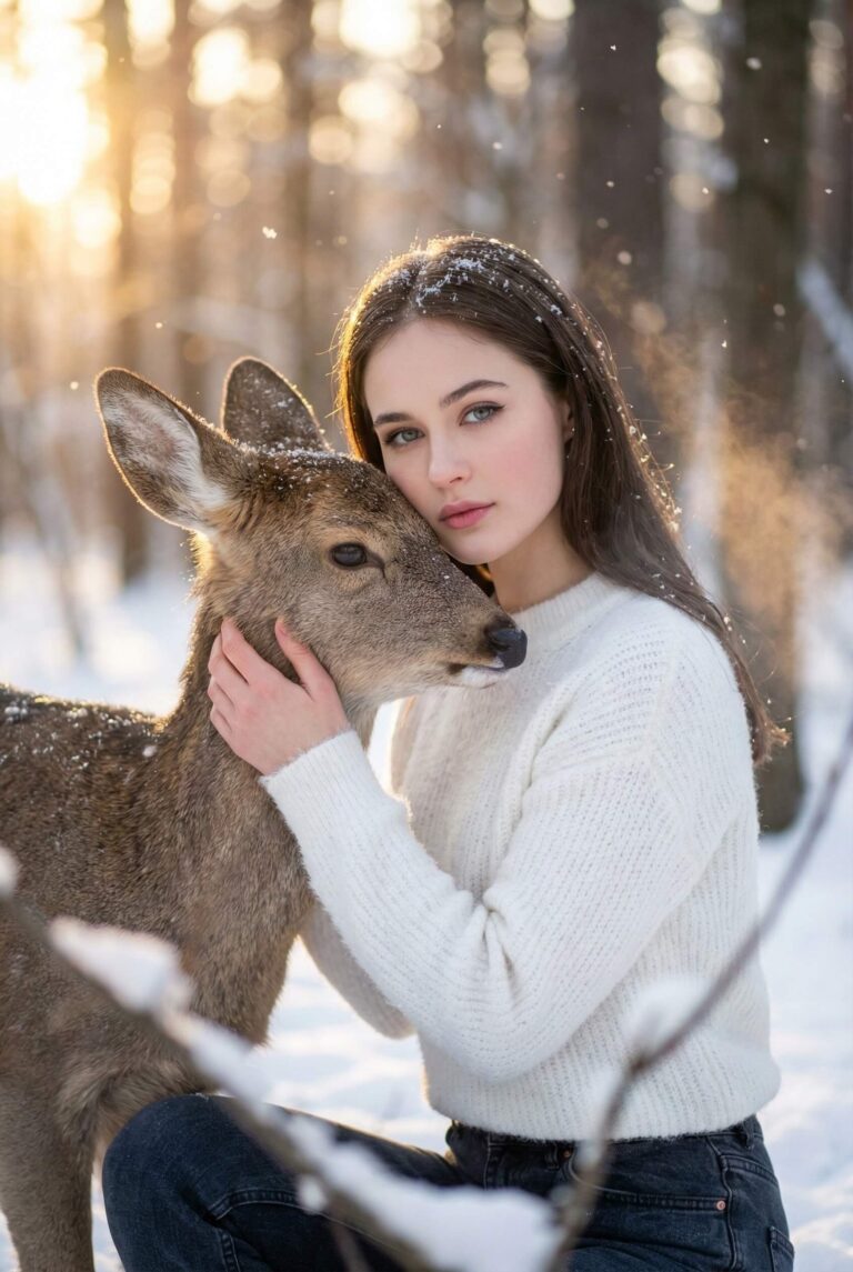 Gemini Generated Image: A young woman in a white sweater is cuddling a fawn in a snowy, sunlit forest.