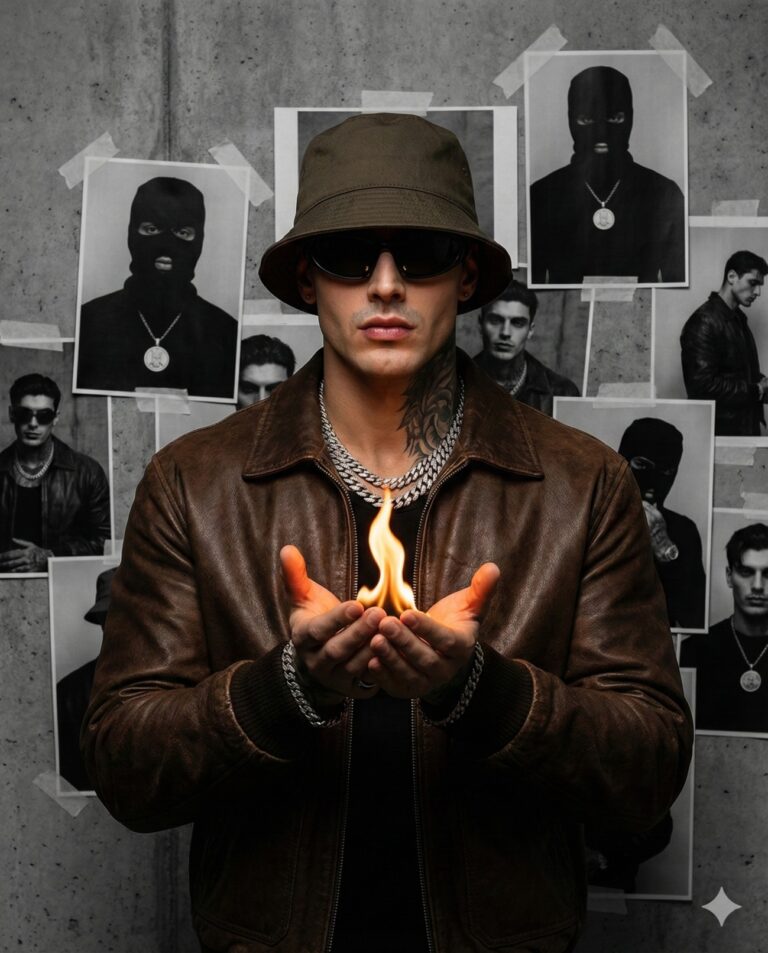 Gemini AI Generated Image: a striking, cinematic portrait of a young man holding a small, controlled flame in his cupped hands. He is dressed in an edgy, streetwear-inspired ensemble consisting of a distressed brown leather bomber jacket, a dark olive bucket hat, and dark sunglasses, accessorized with layered silver Cuban link chains and visible neck tattoos. The background is a textured gray concrete wall plastered with various black-and-white photographs taped up haphazardly; these photos depict other male figures, some wearing balaclavas or ski masks, contributing to a gritty, underground atmosphere. The lighting is dramatic, centering on the warm glow of the fire in his palms, which contrasts sharply with the cool, muted tones of the industrial setting.