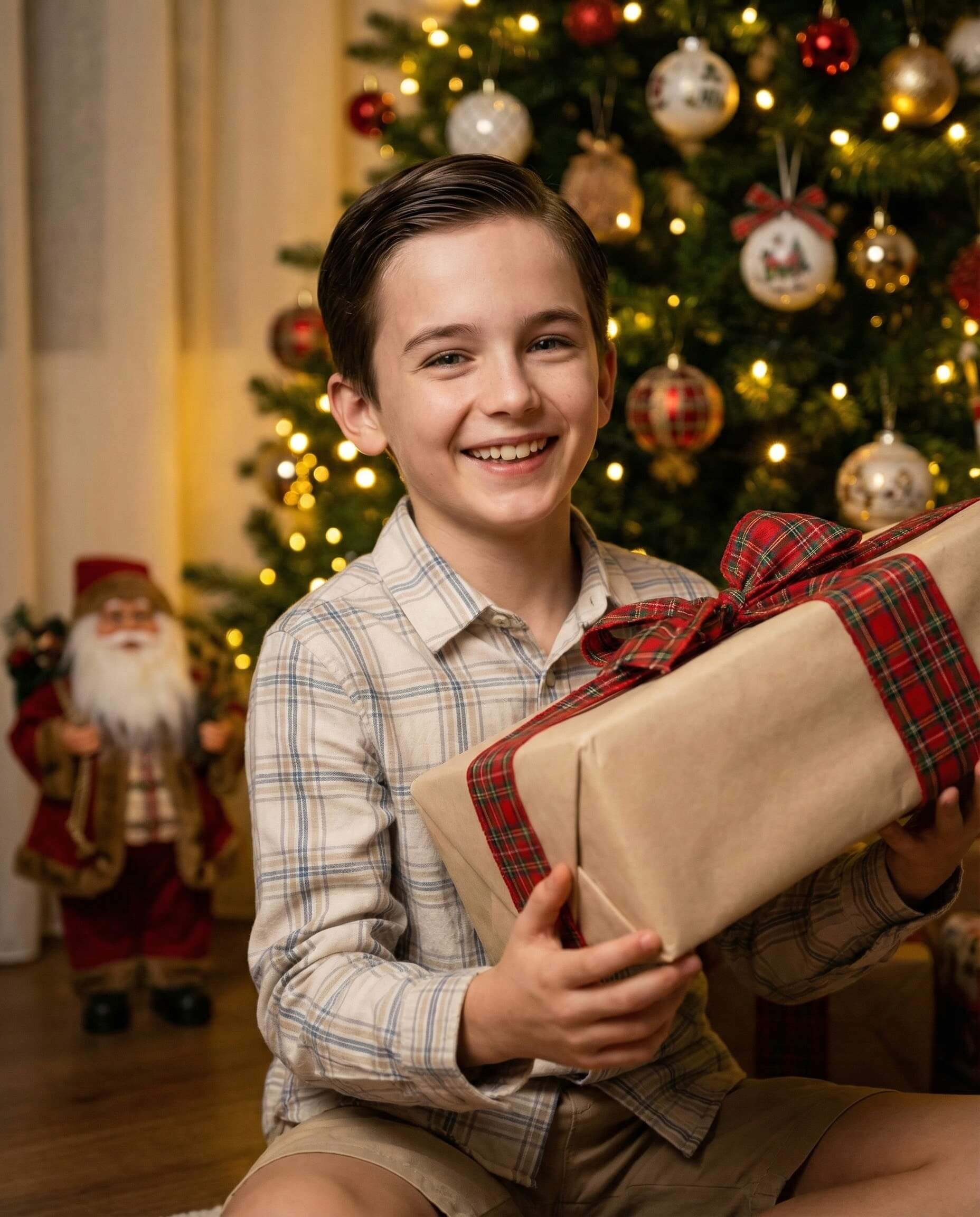 Gemini AI Generated Image: A young boy with slicked-back brown hair smiles broadly while holding a large gift wrapped in brown paper and a red plaid ribbon, sitting on the floor in front of a decorated Christmas tree with warm lights. A small Santa figurine stands in the background to the left.