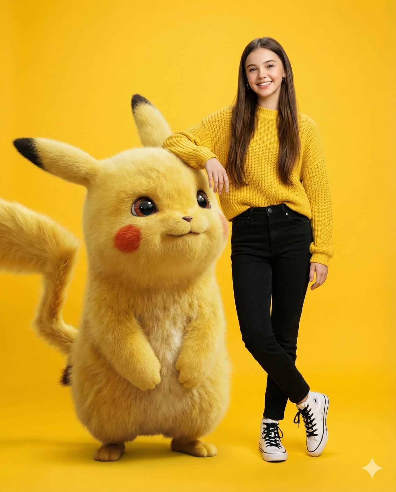 Gemini AI Generated Image: A full-body shot of a smiling young girl standing next to a large, realistic-style, furry Pikachu against a bright yellow background. The girl has long brown hair and wears a yellow knit sweater that matches Pikachu's fur, paired with black jeans and white high-top sneakers. She leans her elbow casually on Pikachu's head while crossing her legs.