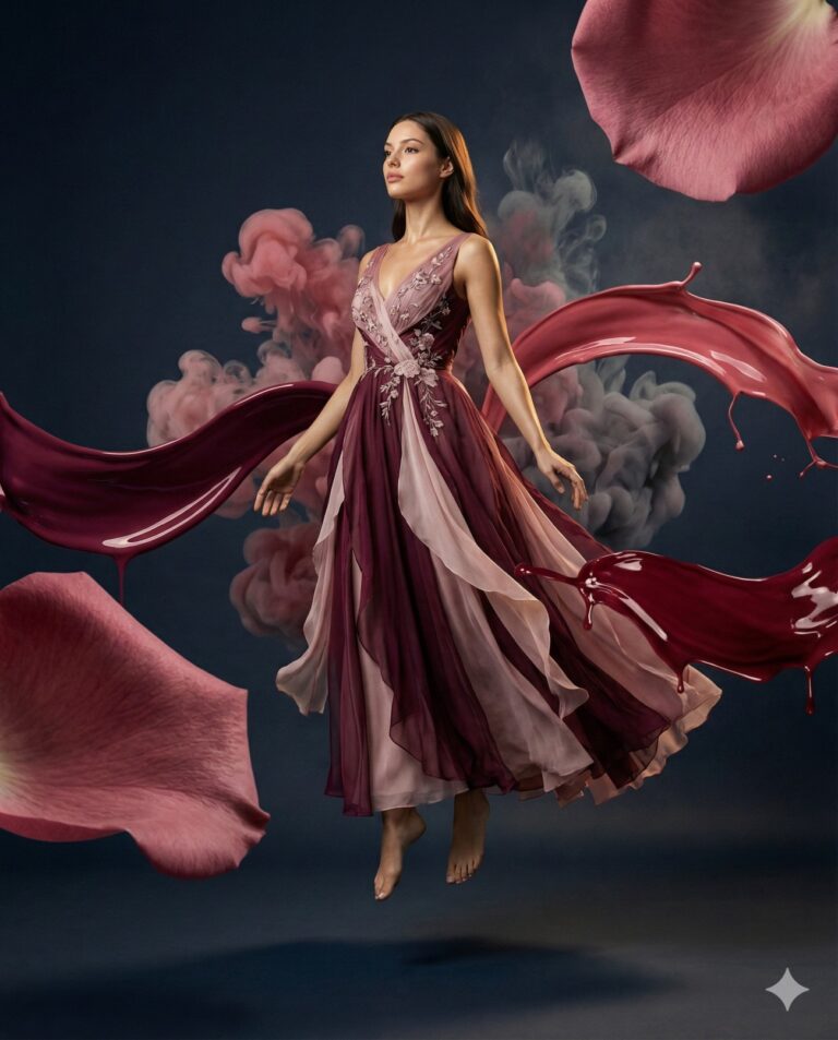 Gemini AI Generated Image of A woman floats in a flowing gown amidst giant rose petals, smoke, and liquid splashes in a dreamlike setting.