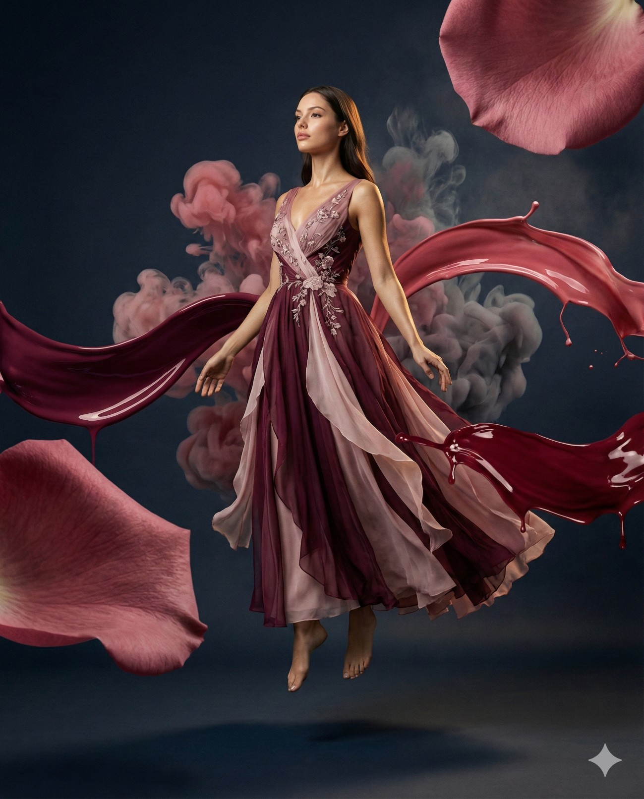 Gemini AI Generated Image of A woman floats in a flowing gown amidst giant rose petals, smoke, and liquid splashes in a dreamlike setting.