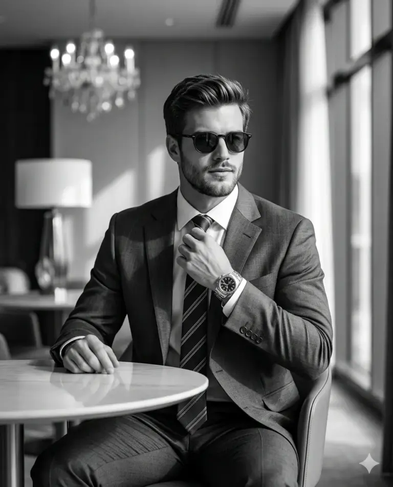 Man in Suit and Sunglasses AI Photo Editing Prompt. AI generated monochrome portrait of a sophisticated man in a tailored suit and sunglasses adjusting his tie while sitting at a table.