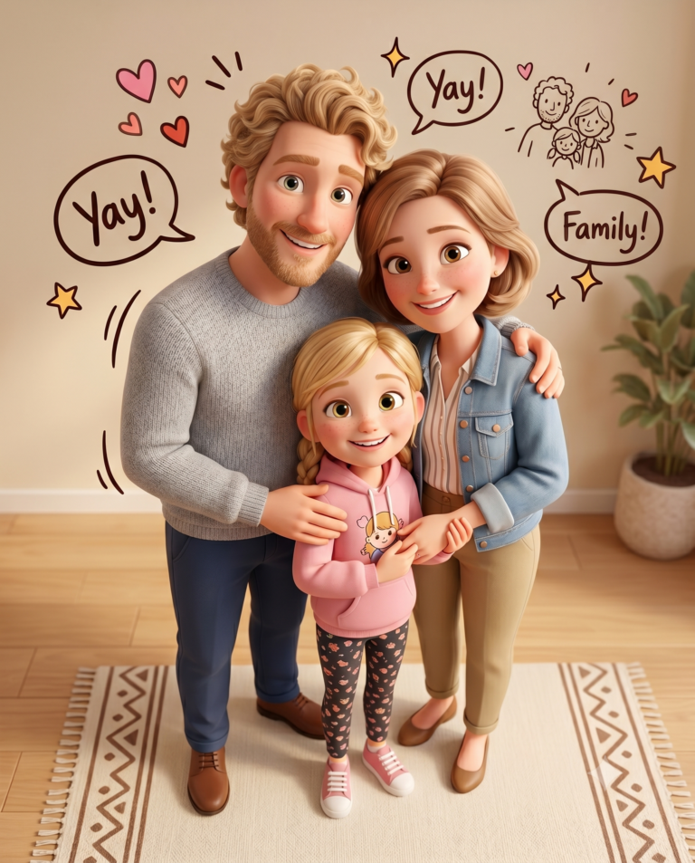 Happy 3D Cartoon Family AI Photo Editing Prompt. AI generated 3D digital illustration of a smiling father, mother, and young daughter standing together, surrounded by playful hand-drawn doodles and speech bubbles.