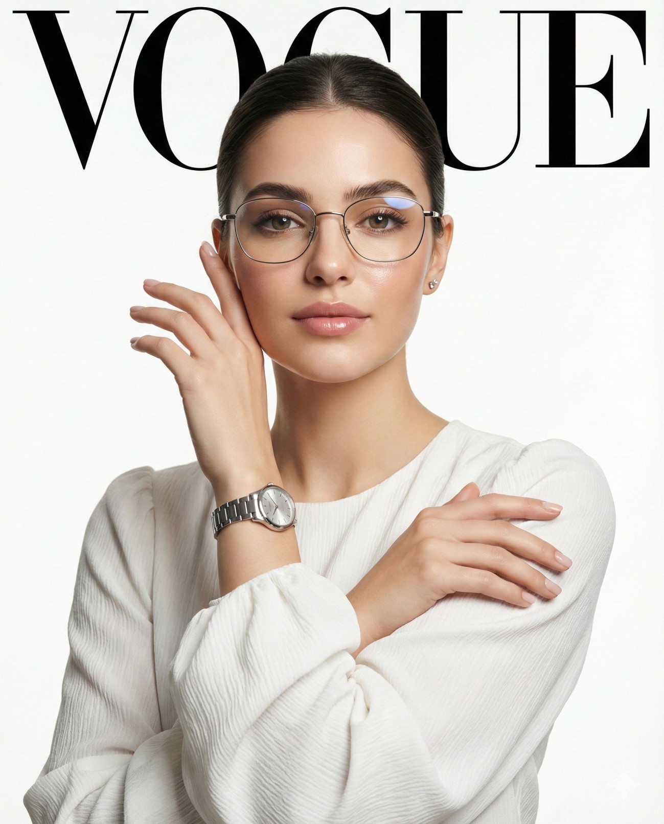 Gemini AI Generated: A stylish woman in glasses and a white blouse poses for a Vogue cover.