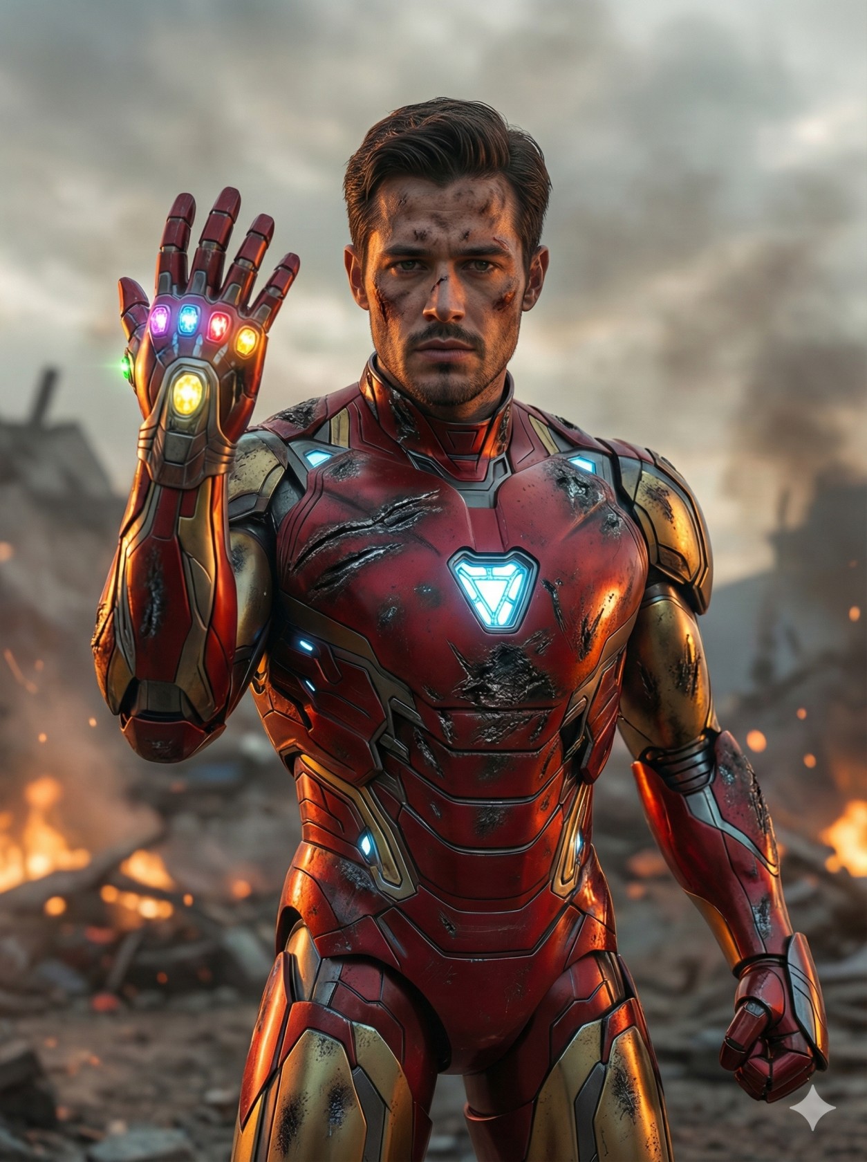 Gemini AI Generated hyper-realistic, cinematic portrait depicts a man in a battle-damaged Iron Man suit standing amidst a smoky, war-torn battlefield. His face bears cuts and grime, conveying a look of solemn determination. His right hand is raised, displaying the Infinity Stones glowing vibrantly on the armored gauntlet, evoking a climactic moment. The red and gold armor is scuffed and scorched, featuring a glowing blue arc reactor in the chest. Soft, atmospheric lighting contrasts the destruction in the blurred background with the sharp, high-definition detail of the subject.